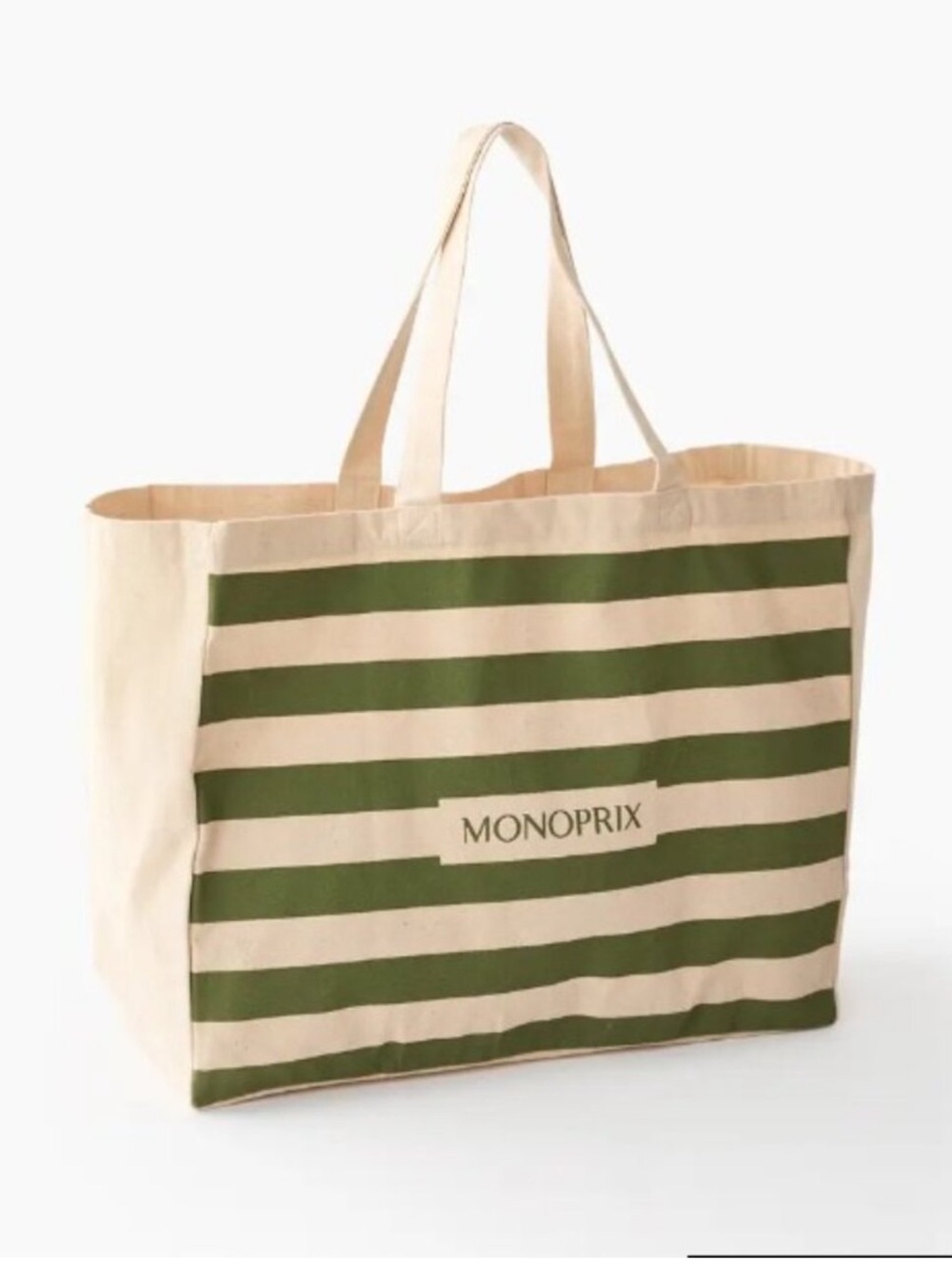 Monoprix Paris green and cream striped natural cotton French tote